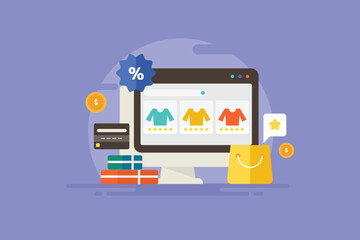 Clothing product on ecommerce website, online shopping with credit card, discount offer conceptual vector illustration.