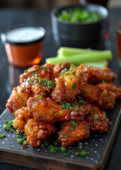 Fototapeta premium Buffalo Wings - Spicy buffalo wings with a side of celery and blue cheese dressing.