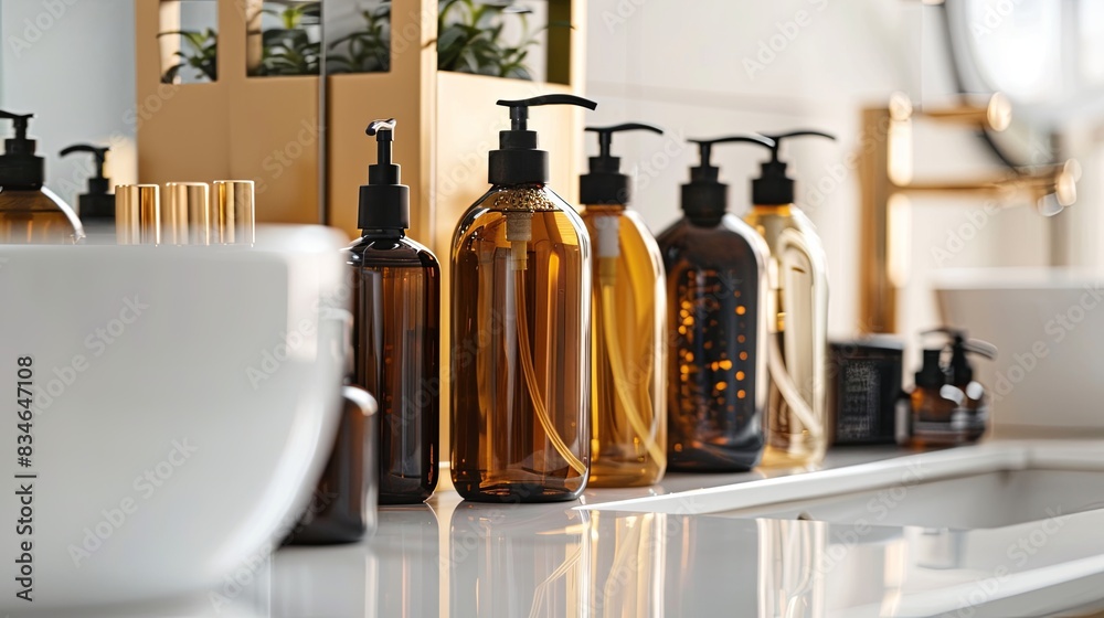 Poster close-up of amber glass bottles with pumps filled with shampoo and conditioner in a sleek bathroom s