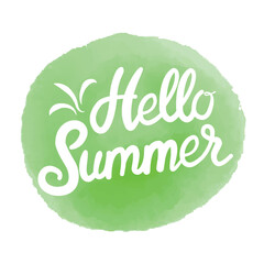 Hello Summer on watercolor. Summer Time logo Templates. Isolated Typographic Design Label. Summer Holidays lettering for invitation, greeting card, prints and posters. Vector illustration.