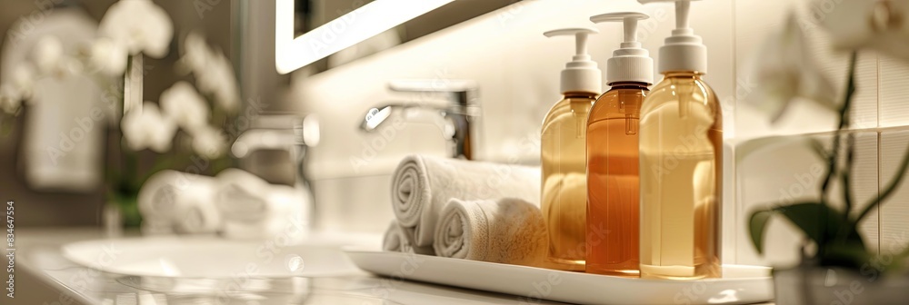 Poster three sleek bottles of shampoo and conditioner sit on a bathroom counter, ready for use. generative 