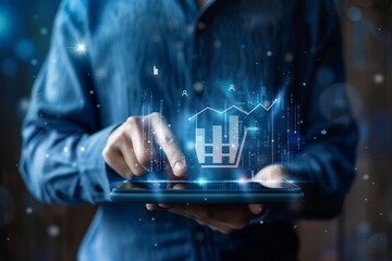 Merchants touch virtual sales growth charts and shopping cart ICONS on transparent screens, use tablets to analyze the performance of markets or online stores,