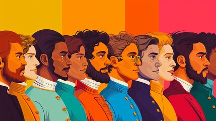 Obraz premium LGBTQ historical figures, flat design, side view, heritage theme, cartoon drawing, tetradic color scheme