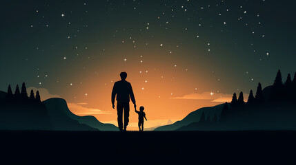 Silhouette of a father and son walking together under a starry night sky.