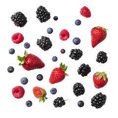 Assorted berries including strawberries, raspberries, blackberries, and blueberries on white background, top view.

