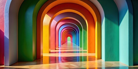 Vibrant minimalist corridor with colorful arches , architecture, vibrant, colorful, corridor, minimalist, modern, design, interior, wide-angle, panoramic, banner, decoration, abstract