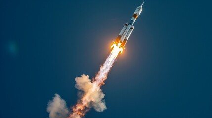 Powerful Rocket Launches into the Sky Leaving a Trail of Fire and Smoke as It Ascends into Space. Spectacular Display of Advanced Technology, Space Exploration, and Human Achievement.