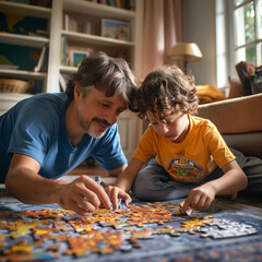 Fototapeta premium a father and son playing a board game indoors