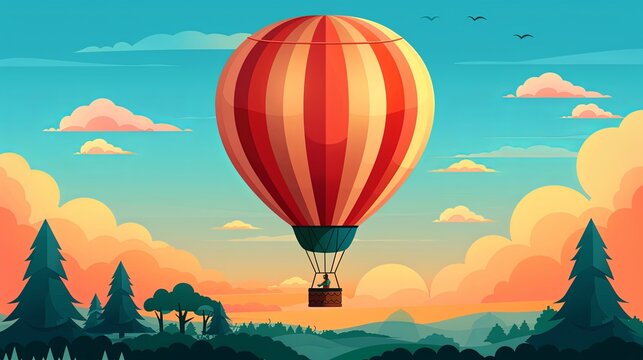 Hot air balloon, flat design, side view, adventure theme, cartoon drawing, tetradic color scheme