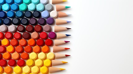 Naklejka premium Colorful crayons and pencils arranged in a rainbow pattern on a white background.