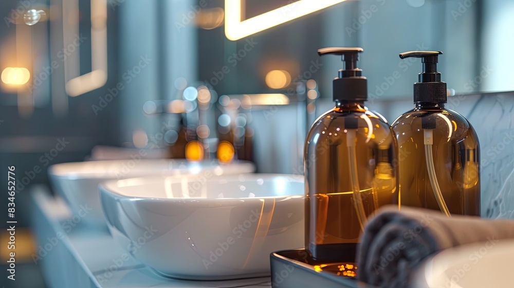Poster Two luxurious amber bottles of shampoo and conditioner sit on a counter with a white sink and a towel. Generative AI