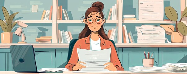 Teacher grading papers, flat design, front view, academic theme, cartoon drawing, complementary color scheme