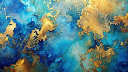 Abstract blue and metallic gold background resembling watercolor paint texture created with technology, abstract, blue, metallic, gold, background, watercolor, paint, texture, imitation