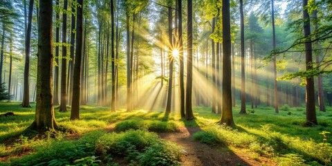 Tranquil sunny morning in a lush forest , Trees, sunlight, nature, greenery, peaceful, serene, tranquil, sunrise, mist, foliage, shadows, woods, beautiful, scenery, calm, rays, tranquil