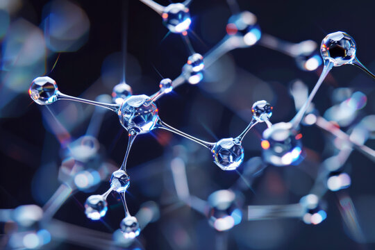 Abstract 3D molecular structure with shiny, crystal-clear atoms and bonds.