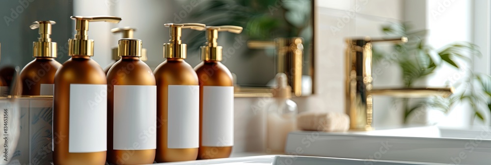 Poster close-up of luxury shampoo and conditioner bottles arranged in a modern bathroom. generative ai