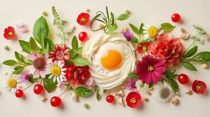  An egg on a white surface, encased in its shell, surrounded by a bouquet of flowers Red, yellow, pink, and green leaves, alongside red blooms