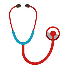 A red and blue stethoscope is shown against a white background