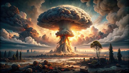 Mushroom cloud of a nuclear explosion in a post-apocalyptic landscape, fire, mushroom, nuclear, explosion, atomic, war, apocalypse, destruction, devastation, disaster, radiation, fallout