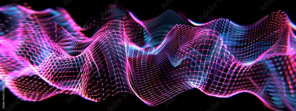 Poster mesmerizing sideband frequency visualization with vibrant neon waves and fluid particle patterns