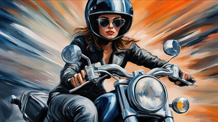 painting in large strokes with a woman on a bike. girl in a helmet and glasses rides a motorcycle