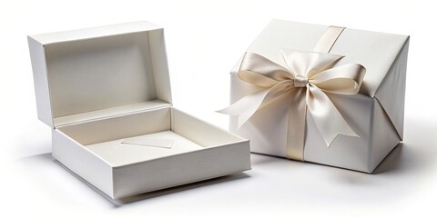 White folding gift box Opened and closed gift box, white, folding, gift box, opened, closed, rendering, mock up, packaging, present, box, ribbon, bow, surprise, celebration, event, holiday