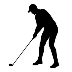 A golfer is preparing to make a swing on the golf course, seen as a silhouette against the sky