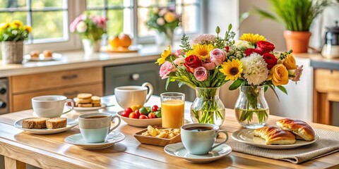 Close up of breakfast table in kitchen with two coffee mugs, plates of food, and a bouquet of flowers, kitchen, breakfast, table, coffee, mugs, plates, food, flowers, breakfast table, morning