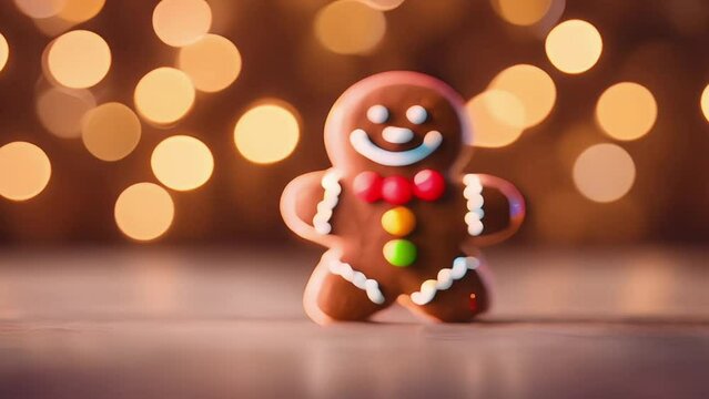 Gingerbread man cookie standing beside house with different colored candy and gumdrops, a chrismast snow scene