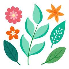 A composition of flowers and foliage against a plain white backdrop