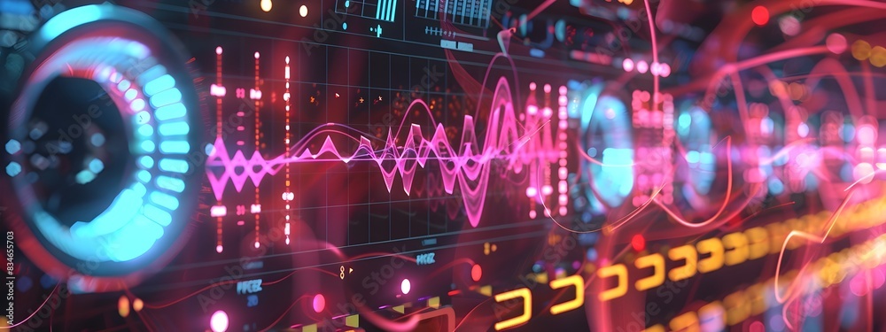 Poster of frequency generator device displaying waveform data and spectrum analysis