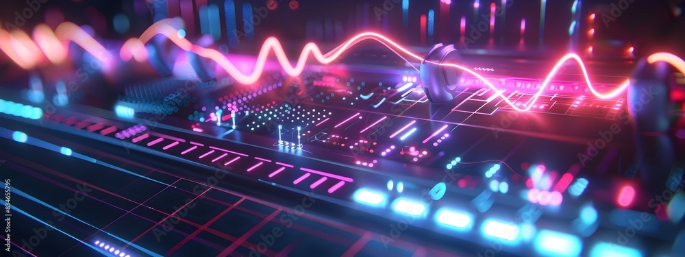 Poster colorful visualization of a frequency generator device with dynamic waveforms and signals