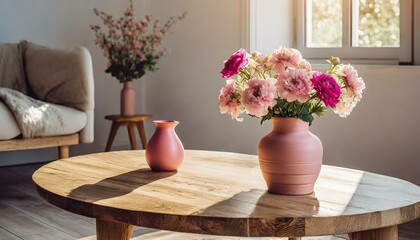 Fototapeta premium Cozy home interior with a beige wooden table and a pink vase basking in the warm sunlight, modern living room with flowers