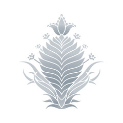 Hand drawn gray floral Damask motif isolated on white background. Abstract symmetric botanical decor.