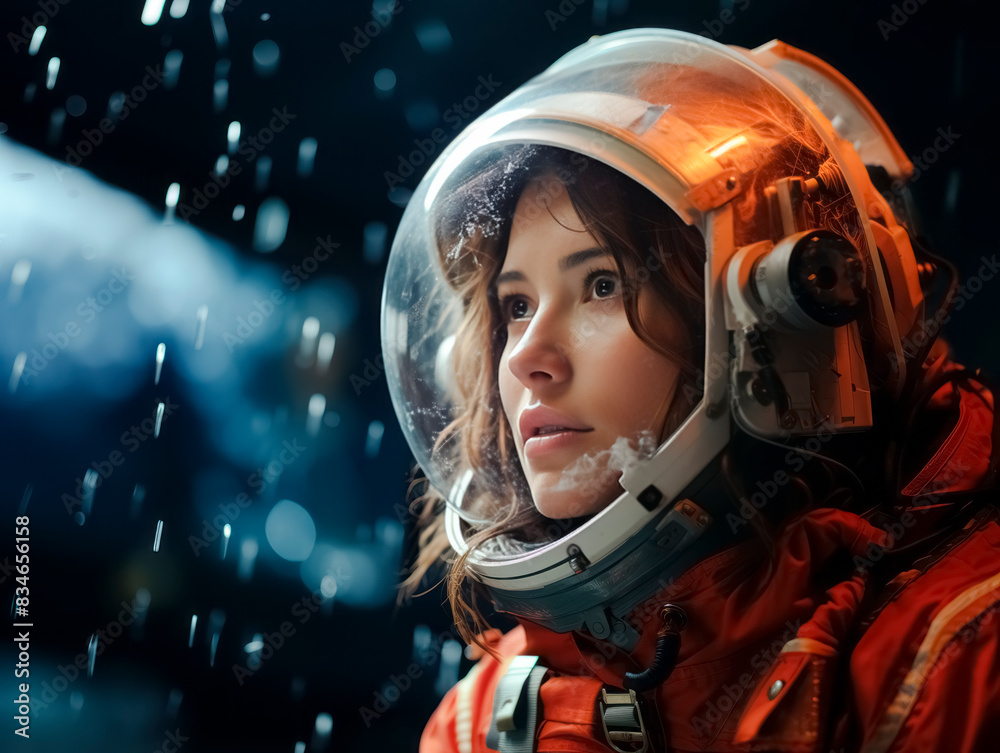 Poster A woman in an astronaut suit gazes into the distance on a bokeh lights background, concept of space exploration. Generative AI