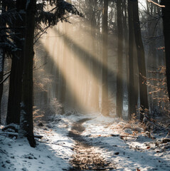 path in the woods, tear in the air with sunlight pouring through, snowing, meadows sunlight flowers 