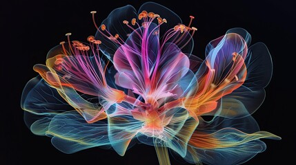 Fototapeta premium X-ray scan of futuristic colorful flowers on black background. The flowers come in various colors and have a unique and artistic appearance