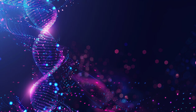 A glowing DNA strand is shown in a blurry, glowing image by AI generated image