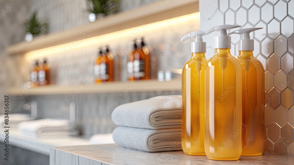 Aufkleber Close-up of three stylish bottles of shampoo and conditioner in a modern bathroom setting. Generative AI