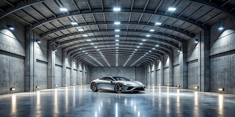 Futuristic automotive showroom in a modern concrete hangar with a clean dark cement stage, huge tunnel corridor, and spotlight grunge aesthetic, Automotive, Hangar, Futuristic, Showroom