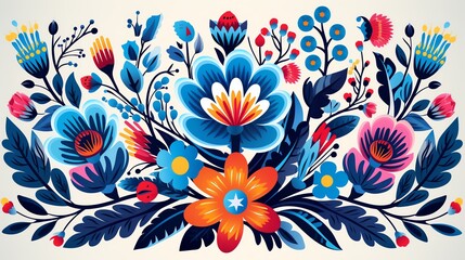 Folk art floral design, traditional Polish ornament, Kashubian embroidery style, vibrant colors, flat vector illustration