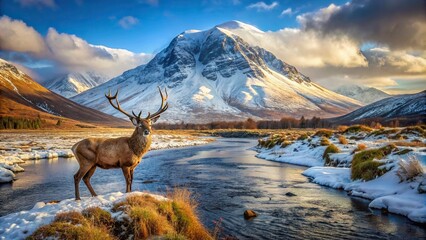 Majestic winter landscape with red deer stag overlooking River Etive and snowcapped Stob Dearg Buachaille Etive Mor mountain in the background, red deer, stag, winter, landscape