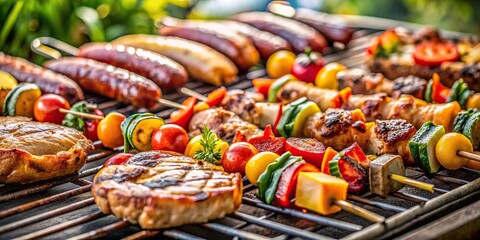 Close up of a gas grill cooking various meats outdoors during summer , barbecue, grilling, summer, food, cooking, outdoor, grill, delicious, meal, chef, preparation, flavors, seasoning