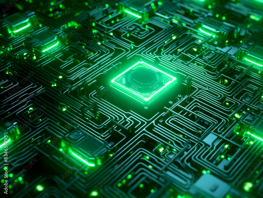 Poster intricate electronic circuit board with glowing green lights, set against a dark background, symboli