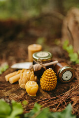 Handmade candles from natural beeswax in the shape of bear, pine cone and others, jars of honey. Hobby. Beekeeping. Artistic photo of beekeeping products against the backdrop of nature, forest