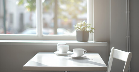 Two white coffee cups on a table near a window.