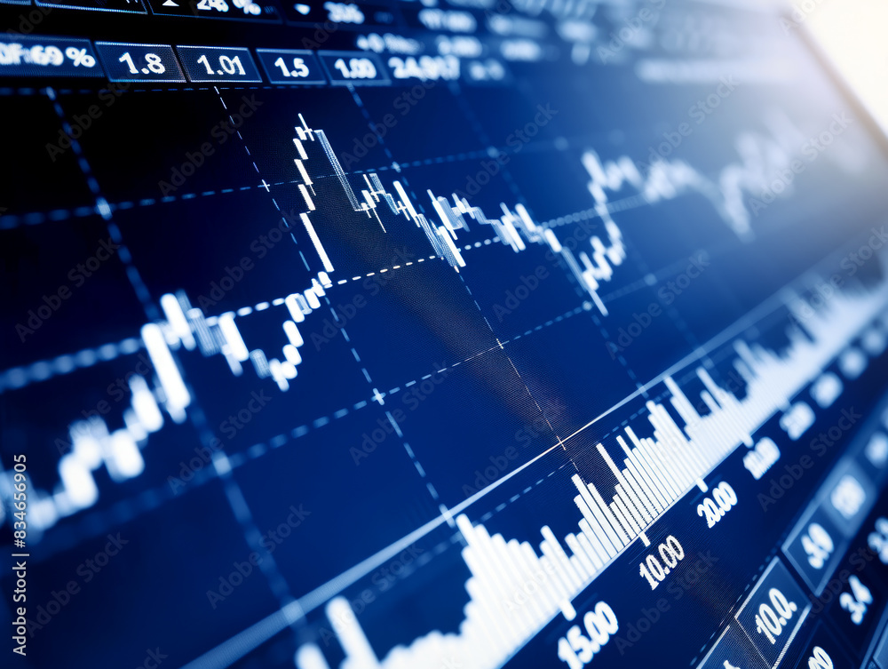Poster close-up of a stock market monitor displaying financial data and trends on a dark digital background