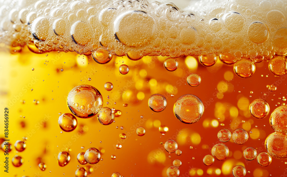 Aufkleber close-up view of golden bubbles on an amber background, representing a concept of beverage freshness