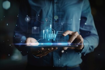Merchants touch virtual sales growth charts and shopping cart ICONS on transparent screens, use tablets to analyze the performance of markets or online stores,