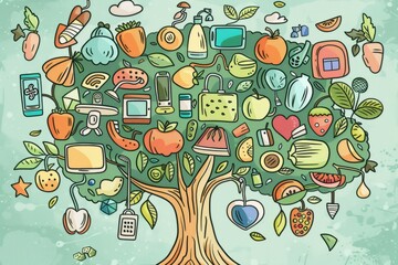 Cartoon cute doodles of a tree growing various innovative gadgets as fruits, Generative AI